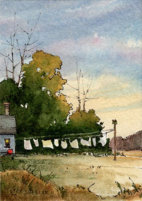 Line And Wash Watercolor, Peter Sheeler, Sunset Sky Clouds, Line And Wash, Watercolor Barns, Tiny Paintings, Miniature Watercolor, Watercolor Scenery, Drawing Scenery