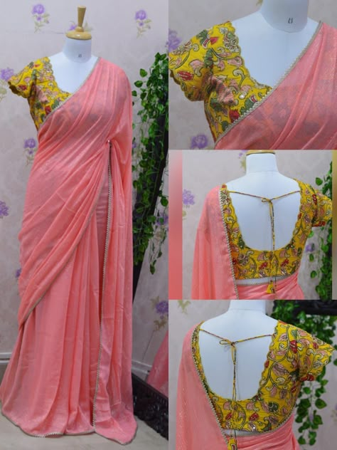 Plane Sarees With Designer Blouse, Simple Plane Saree With Designer Blouse, Plain Saree With Designer Blouse Simple, Simple Maggam Blouse Designs, Simple Blouse Design For Normal Saree, Daily Wear Saree Blouse Designs, Simple Sari, Kalamkari Blouses, Normal Saree