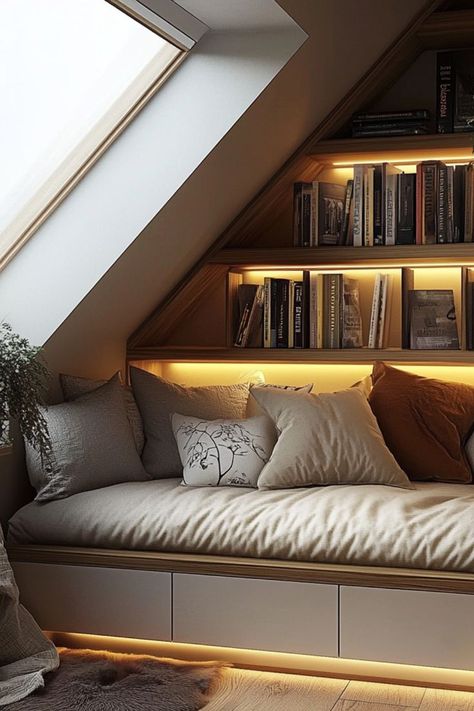 Transform a corner into a cozy reading nook with comfy seating, blankets, and the perfect lighting for relaxing. #ReadingNook #CozySpaces Understairs Reading Nook Ideas, Cozy Corner Reading Nook, Reading Nook Seating, Loft Reading Nook, Closet Reading Nook, Reading Nook Closet, Nook Design, Bedroom Children, A Reading Nook