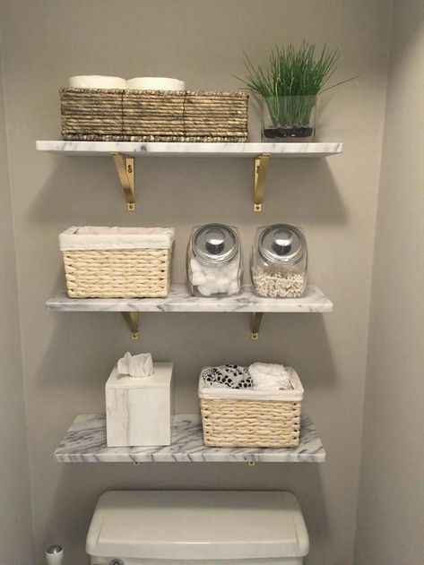 Wc Decoration, Farmhouse Bathroom Remodel, Diy Bathroom Storage, Restroom Decor, Decor Baie, Mounted Shelves, Marble Wall, Small Bathroom Decor, Wall Mounted Shelves