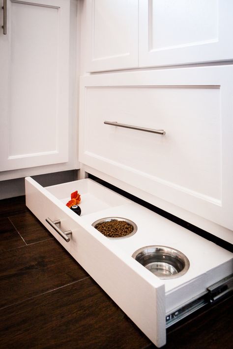 Pet Food Bowls and Dog Toys in lower pull-out drawer of cabinetry Dog Food Pull Out Drawer, Dog Food Drawer Laundry Rooms, Hidden Dog Food Bowls, Dog Bowl Pull Out Drawer, Pull Out Dog Food Storage, Pull Out Dog Bowls, Pet Bowls In Kitchen, Hidden Dog Bowls, Dog Food Drawer