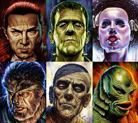 Universal Monsters Unite in 2017 - Dread Central Monsters Wallpaper, Classic Movie Monsters Art, Universal Classic Monsters, Jason Edmiston, Universal Monsters Art, Famous Monsters Of Filmland, Vintage Monster Movie Posters, 50s Monster Movies, Hollywood Monsters