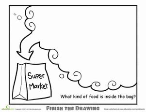 Second Grade Life Learning Worksheets: Finish the Drawing: What Kind of Food is Inside the Bag? Finish The Drawing Worksheets, Movie Marketing, Finish The Drawing, Creative Worksheets, Marketing Project, Creative Thinking Skills, Drawing Printable, Animal Worksheets, Drawing Prompts