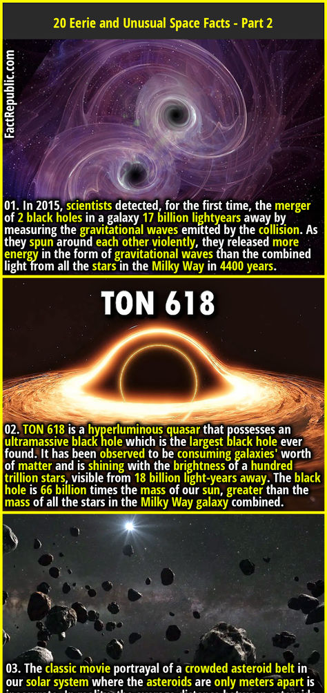 01. In 2015, scientists detected, for the first time, the merger of 2 black holes in a galaxy 17 billion lightyears away by measuring the gravitational waves emitted by the collision. As they spun around each other violently, they released more energy in the form of gravitational waves than the combined light from all the stars in the Milky Way in 4400 years. Outer Space Facts, Galaxy Facts, Space Theories, Physics Facts, Learn Physics, Gravitational Waves, Astronomy Facts, Fact Republic, Science Fact