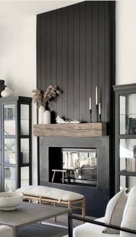 Black And Wood Fireplace Surround, Black Trim Fireplace, Rooms With Black Fireplaces, Vertical Panel Fireplace, Bedroom Shiplap Fireplace, Tricorn Black Tv Wall, Vertical Shiplap Fireplace Wall With Tv, Black Fireplace Wall Shiplap, Modern Craftsman Fireplace Ideas