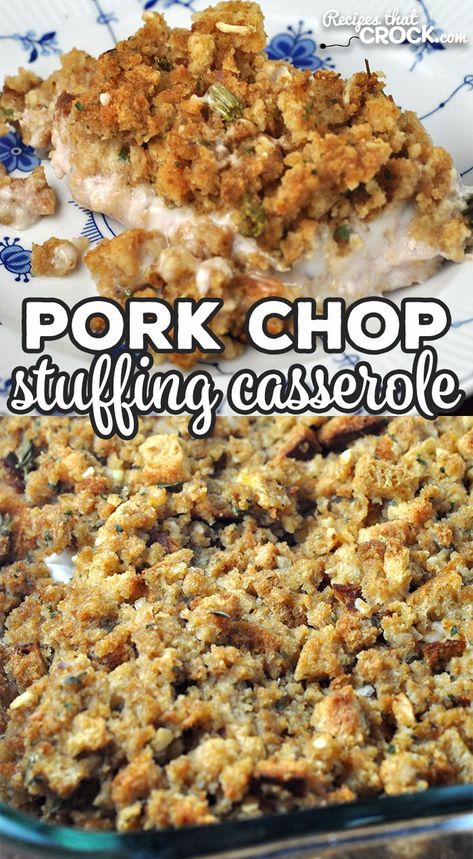 This Pork Chop Stuffing Casserole recipe for your oven is a delicious comfort food recipe that is simple to make and done in under and hour start to finish! Casserole Recipes For Dinner Pork, Pork Chop Skillet Dinner, Pork Chop Green Bean Casserole, Oven Pork Chops And Potatoes, Pork Chops And Stuffing In The Oven, Pork Chop And Stuffing Recipes, Pork Chops And Dressing, Pork Chop Leftover Recipes, Crockpot Pork Chops And Stuffing