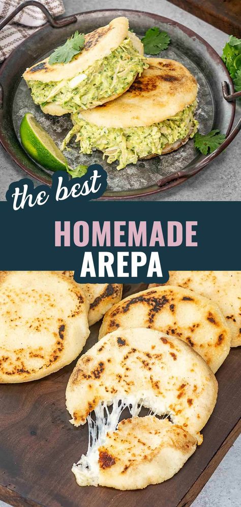 Simple Mexican Breakfast, Homemade Arepas Recipe, Mexican Arepas, Easy Arepas Recipe, Arepa Filling Ideas, Arepa Sandwich, Reina Pepiada Recipe, Spanish Dinner Recipes, Ecuadorian Food Recipes