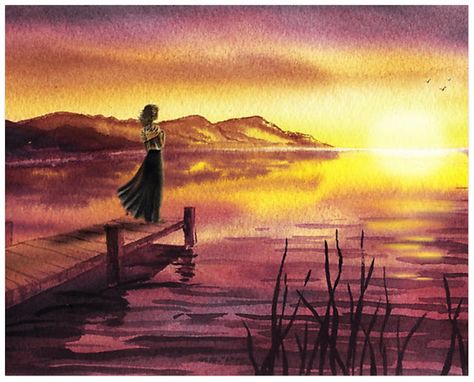 Watching Sunset, Landscape Painting Watercolor, Sunset Girl, Watercolor Decor, Lake Girl, Paintings Watercolor, Lake Painting, Watercolor Sunset, Ocean Wallpaper