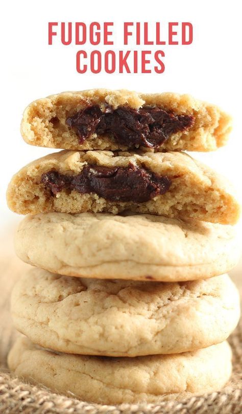 Fudge Filled Cookies are ultra soft and tender brown sugar cream cheese cookies with a secret rich chocolate fudge filling inside. As tasty as they are fun! #fudgefilled #dessert #cookierecipes #bestcookie #fudge #cookie #fudgefilledcookie Fudge Filled Chocolate Chip Cookies, Fudge Stuffed Cookies, Fudge Filled Cookies, Chocolate Stuffed Cookies, Chocolate Fudge Filling, Stuffed Cookies, Handle The Heat, Cream Cheese Cookies, Cheese Cookies