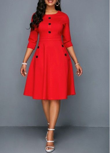 495dabfd0ca768a3c3abd672079f48b6desc43753472ri Red A Line Dress, Fashion Dresses Online, Round Neck Dresses, African Fashion Dresses, Pocket Dress, Classy Dress, African Dress, Elegant Dress, Knee Length Dress