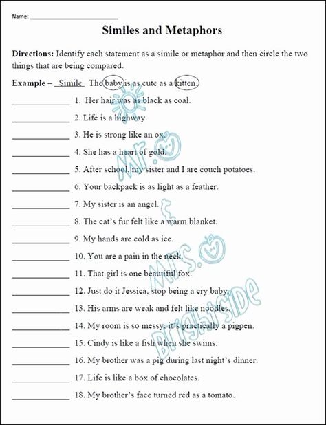 Simile Lesson, Metaphor Worksheet, Writing Metaphors, Simile Vs Metaphor, Metaphor Activities, Simile Worksheet, Figurative Language Lessons, Sensory Words, Poetry Worksheets