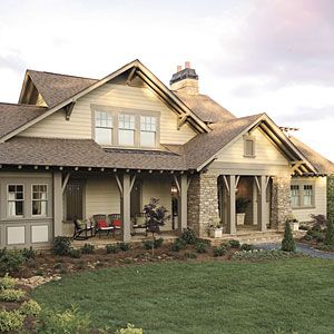 Another nice exterior color combo -- stone and siding colors are good.  And our gables will have shingle siding bordered by roofing shingles flared out like the larger gable here. Hemlock Springs, Southern Living House Plans, House Shutters, Basement House Plans, Stone Siding, House Siding, House Exteriors, Hill House, House Floor