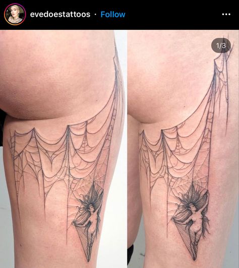 Spider Web Tattoo Thigh, Spider Web Hip Tattoo, Underbutt Tattoo Woman, Spiderweb Underboob Tattoo, Under The Buttcheek Tattoo, Back Of Thigh Tattoo, Upper Thigh Tattoos, Bum Tattoo, Spider Web Tattoo