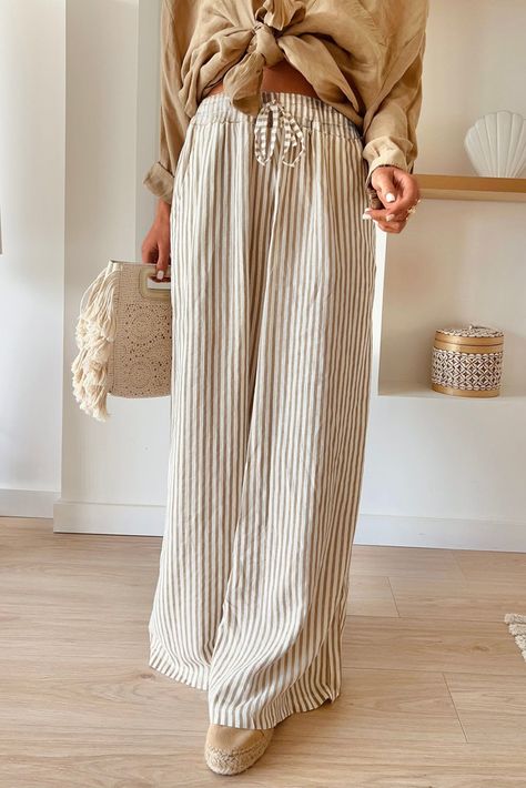 $7 Khaki Stripe Print Wide Leg Drawstring Pants Wholesale High Waist Wide Leg Pants, Striped Wide Leg Pants, Stylish Pants, Versatile Wardrobe, Plus Size Pants, Pantalon Large, Loose Pants, Inspiration Mode, Drawstring Pants