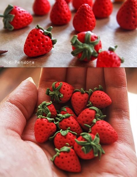 Polymer Clay Strawberry, Clay Strawberry, Polymer Clay Kunst, Diy Polymer Clay, Polymer Clay Diy, Cute Polymer Clay, Polymer Clay Miniatures, Clay Food, Clay Miniatures