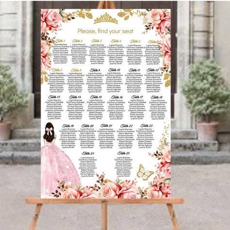 DIY EDITABLE Seating Chart Quinceañera Mis XV Quince Table - Etsy Romania Quince Seating Chart, Quinceanera Seating Chart, Quince Table, Cinderella Quinceanera, Quince Decor, Find Your Seat Sign, Pink Quince, Find Your Seat, Entrance Table