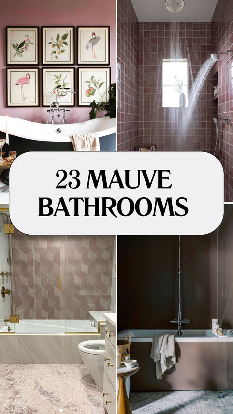 Collage of elegant mauve bathroom designs featuring soft mauve tiles, accent walls, and unique decor elements. Perfect for creating a warm, sophisticated bathroom space with a touch of modern charm. Plum Bathroom Walls, Dusty Pink Bathroom Walls, Mauve Tile Bathroom, Mauve And Black Bathroom, Mauve Bathroom Decor, Dark Mauve Bathroom, Moody Mauve Bathroom, Mauve Bathroom Ideas, Dusty Rose Bathroom