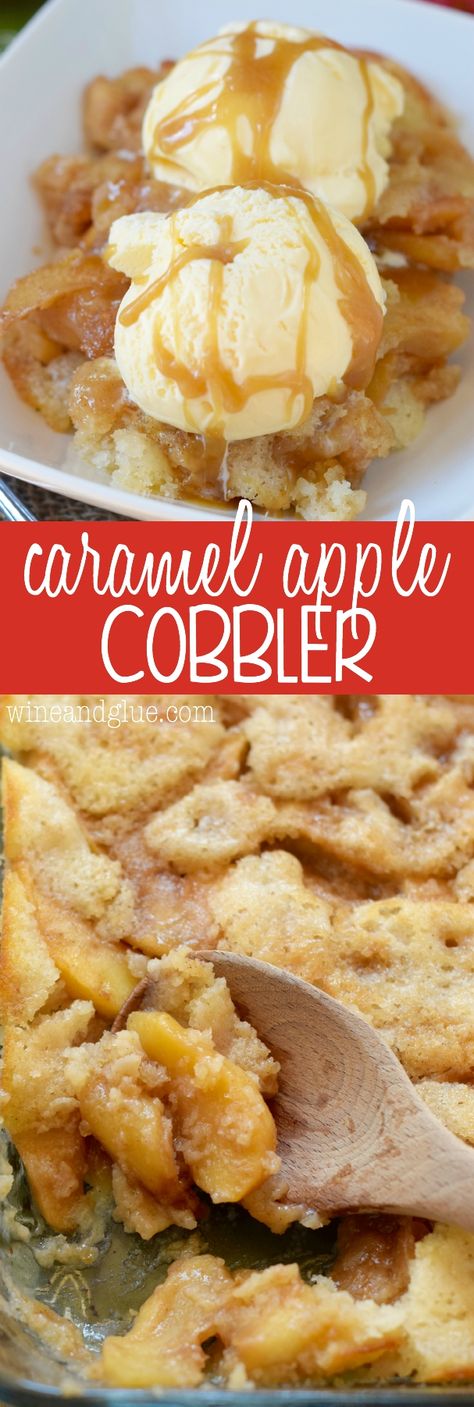 This Caramel Apple Cobbler is the perfect combination of delicious tart apples coated in cinnamon and smooth homemade caramel, all in an amazing warm from scratch cobbler! Caramel Apple Cobbler Recipe, Caramel Cobbler, Caramel Apple Cobbler, Cobbler Apple, Dessert Cobbler, Apple Cobbler Recipe, Weight Watcher Desserts, Apple Cobbler, Cobbler Recipe