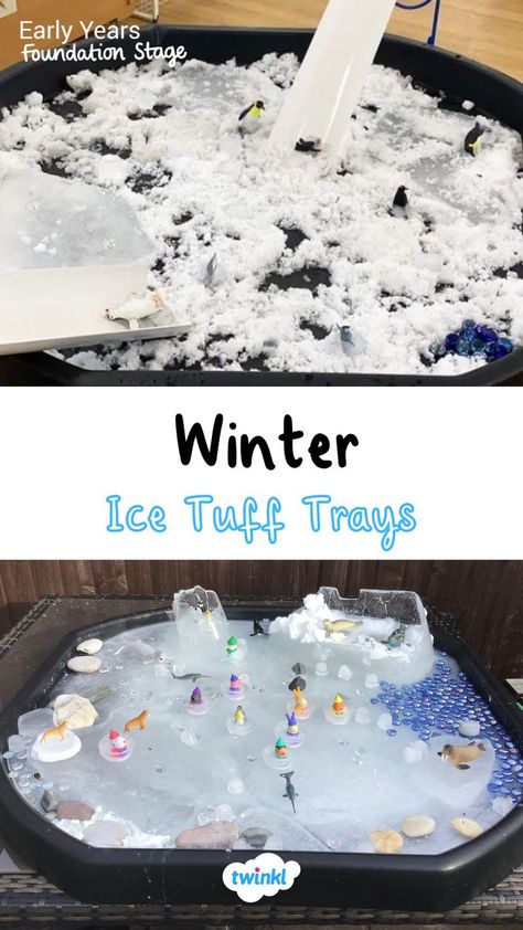 Winter tuff trays means ice play! Click the pin for more winter tuff tray ideas preschool and the potential learning. Special thanks to @mrsvennereyfs Lesley Sellers Christmas Water Tray Ideas, Artic Tuff Tray, Polar Tuff Tray, Penguin Tuff Tray Ideas, Winter Continuous Provision, Ice Tuff Tray Ideas, January Tuff Tray Ideas, Xmas Tuff Tray Ideas, Winter Tuff Tray Ideas Preschool