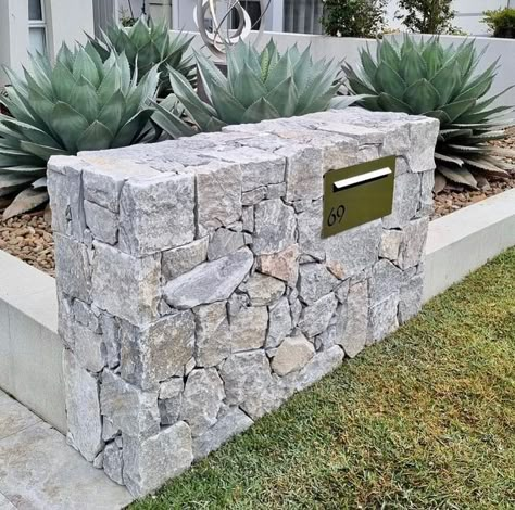 Mailbox Landscaping, Stone Wall Cladding, Front Garden Design, Hampton House, Front Yard Design, Front Yard Fence, Platinum Grey, Stone Cladding, Exterior Cladding