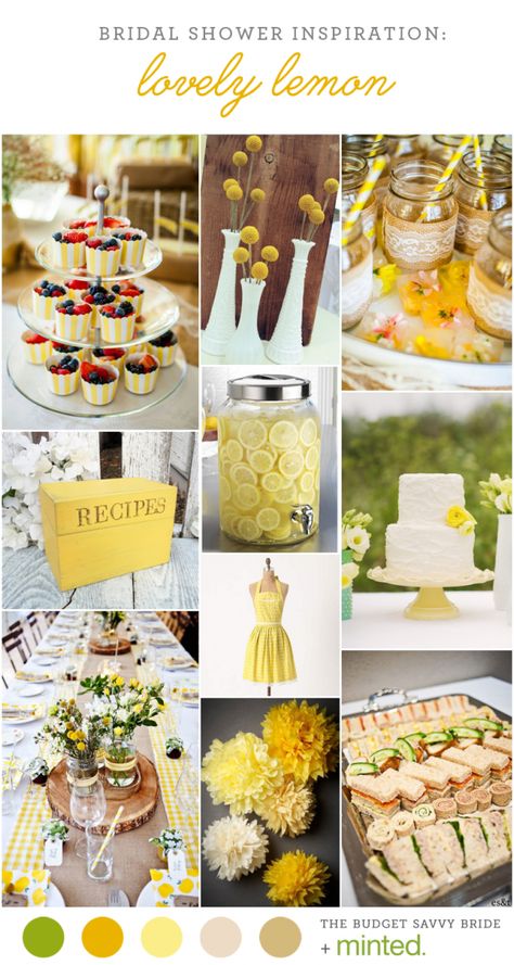 Yellow Bridal Shower Inspiration from Minted! Pastel Yellow Party Decorations, Yellow Wedding Shower Ideas, Lemonade Themed Bridal Shower Ideas, Yellow And Pink Bridal Shower Ideas, Lemonade Bridal Shower Ideas, Yellow Themed Bridal Shower Ideas, Summer Bridal Shower Food Ideas, She Found Her Main Squeeze Bridal Party Food, Lemon Themed Bridal Shower Ideas Food