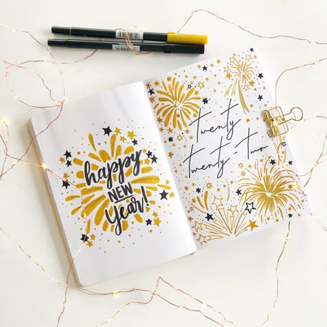 Create this with me on Patreon, click link. #bujo #bujocoverpage #planner #bulletjournal #2022 #2022coverpage New Year’s Eve Journal Page, New Years Eve Journal Ideas, Bujo New Years Resolution, Year Title Page Bullet Journal, New Years Journal Page, Bullet Journal New Year Page, Bujo New Year Page, New Years Bujo, New Years Bullet Journal