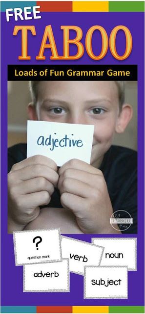 FREE Taboo Grammar Game makes practicing nouns, verbs, adjectives, adverbs, subjects, parts of speech, question marks, exclamation marks, homophones, and more lots of fun for first grade, 2nd grade, 3rd grade, 4th grade. NO PREP! Such a fun, easy to play game that is great practice in classrooms, learning at home, homeschool, and more. Parts Of Speech Games, Part Of Speech Grammar, Ela Games, Nouns Verbs Adjectives Adverbs, Speech Games, Activities Elementary, Grammar Games, Question Marks, Nouns Verbs Adjectives