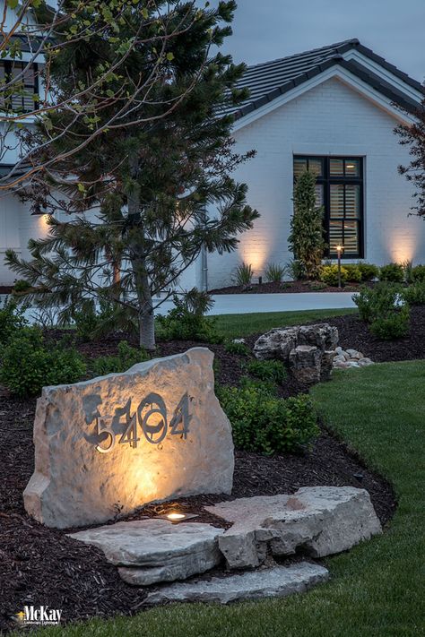 Drive Way Landscape Ideas, Rock With Address House Numbers, Address Numbers On Rock, House Numbers In Yard, House Number Landscape Ideas, Entry Driveway Landscape, Front Door Landscape Ideas, Landscape For Driveway Entrance, Modern Farmhouse Exterior Landscaping