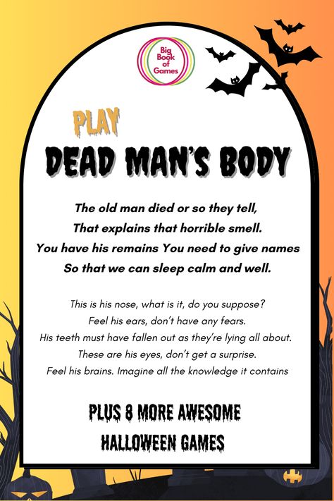 Dead Man's Body plus 8 more Halloween themed games to play.  Full instructions of how to play along with printable answer sheets and clue cards. Awesome games that will make your halloween party one to remember. Available for instant download at our Etsy shop. Halloween Themed Games, Clue Cards, Halloween Games, Dead Man, Big Book, Male Body, Clue, Fun Games, His Eyes