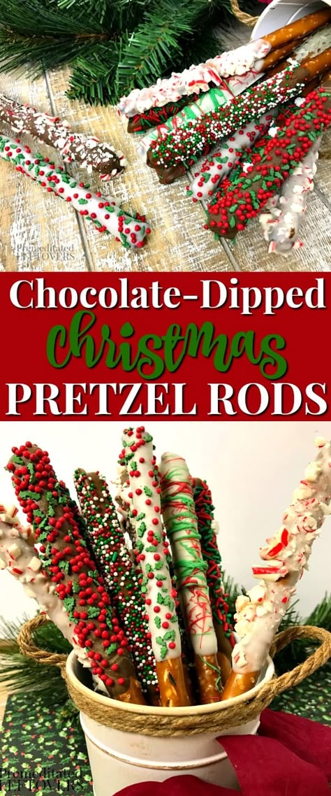 Christmas Pretzel Rods, Pretzel Rods Recipe, Chocolate Covered Pretzels Christmas, Christmas Pretzel, Homemade Christmas Candy, Chocolate Dipped Pretzel Rods, Christmas Pretzels, Dipped Pretzel Rods, Covered Pretzel Rods