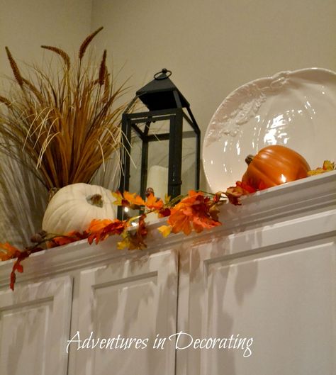 Greetings, friends!   Okay, so if I don't do any other decorating for Fall in our kitchen, the one thing that I'll always incorporate is ou... Above Cabinet Decor, Decor Above Cabinets, Decorating Above Kitchen Cabinets, Outside Fall Decor, Decorating For Fall, Above Kitchen Cabinets, Hutch Decor, Fall Kitchen Decor, Kitchen Cabinets Decor