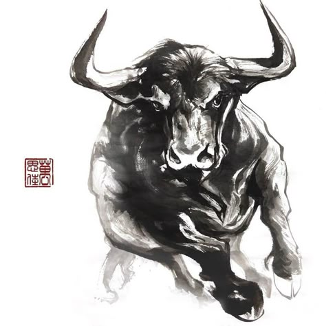 Bull Charging. Ink Animal Paintings. Click the image, for more art by Dirk Swan. Charging Bull Drawing, Bull Art Drawing, Tattoos Taurus, Bull Charging, Tattoo Bull, Ox Art, Ox Tattoo, Bull Drawing, Taurus Bull Tattoos