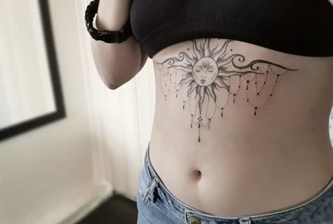 Women's Back Tattoos, Sun And Moon And Stars, Back Tattoos For Women, Lower Stomach Tattoos, Nails And Tattoos, 12 Tattoos, Tattoo Themes, Underboob Tattoo, Sun Tattoos