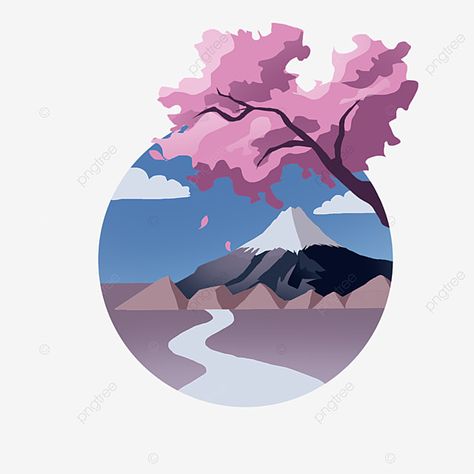 Pura Gunung Kawi, Mount Fuji Drawing Japanese Art, Waterfall Illustration Vector, Mt Fuji Illustration, Gunung Fuji, Mount Fuji Sakura, Japan Icon, Mount Fuji Japan, Mount Fuji