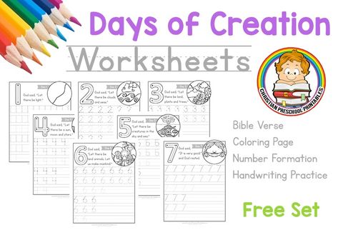 Handwriting Practice Free, Number Handwriting, Middle School Grammar Worksheets, Awana Sparks, 7 Days Of Creation, Creation Bible, Bible Worksheets, Christian Preschool, Number Formation