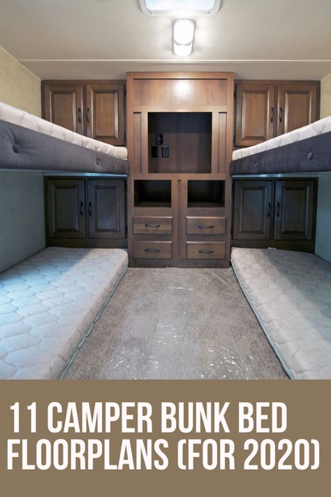 11 Camper Bunk Bed Floorplans (for 2020). Camper Smarts, RV parks, camper trailers, campervan interior, camper van, outdoor travel, rv campers, rv living, rv idea, campers living, happy camper, camper living organization, camper ideas, rv and campers, rv home, campers trailer, camping in a camper, camper life rv living #RVlifestyle, #RVlife #RVliving #Travel #RVideas #fulltimeRV #RVing #RVers #camping #camplife #vanlife #motorhome #rvparks. Camper Bunk Remodel, Building Bunks In A Camper, Add Bunk Beds To Camper, Camper Trailer Bunk Bed Ideas, Camper Bunk Bed Ideas, Rv Triple Bunk Beds Plans, Bunkhouse Camper, Campers Living, Rv With Loft Bed