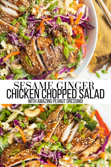 Sesame Ginger Chicken Salad recipe with marinated Asian chicken, cabbage, spinach, carrot, cashews, dried cranberries, a delicious peanut dressing, and more! This healthy chicken salad is loaded with nutrients, flavor, and yummy textures. #salad #chicken #cabbage #dinner #healthy #glutenfree Asian Cashew Chicken, Ginger Chicken Salad, Sesame Chicken Salad Recipe, Easy Asian Salad, Sesame Ginger Chicken, Asian Chicken Salad Recipe, Asian Cabbage Salad, Roasted Chicken Salad, Asian Chopped Salad