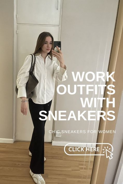 Smart Casual Women White Sneakers, Sneakers Office Outfit, French Sneakers, Corporate Sneakers, Work Outfits With Sneakers, Sneakers Office, Sneakers For Work, Office Trainers, Women Work Shoes