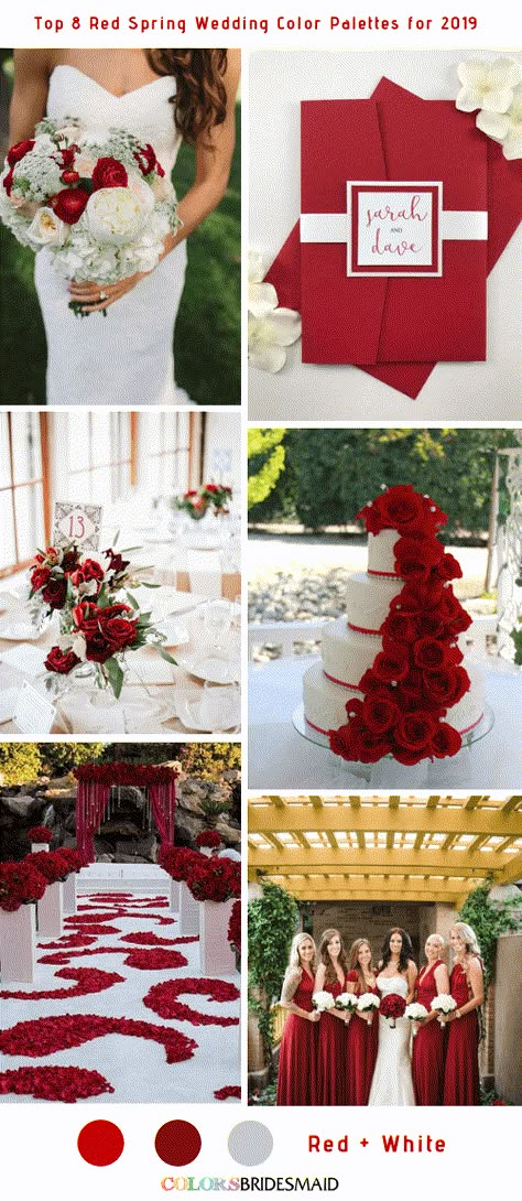 Top 8 Red Spring Wedding Color Palettes for 2019 -No.8 Red and White #colsbm #bridesmaids #weddings #weddingideas #springwedding b641 Wedding Color Schemes Red, Red And White Wedding, Spring Wedding Color Palette, Wedding Colors Red, Red And White Weddings, Garnet Wedding, Red Wedding Theme, Red Bouquet Wedding, Maroon Wedding