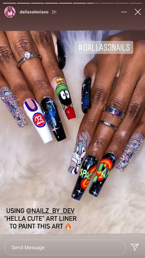 Space Jam Nails, Lola Bunny Nails, Looney Tunes Nails, Basketball Nail Designs, Cartoons Nails, 90s Cartoon Nails Acrylic, Competition Nails, Basketball Nails, Character Nail Art