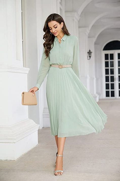 Fitted Green Midi Dress With Pleated Sleeves, Mint Green Dress Outfit, Elegant Midi-length Pleated Shirt Dress, Spring Pleated Button-up Midi Dress, Spring Midi-length Shirt Dress With Pleated Sleeves, Button-up Shirt Dress With Pleated Sleeves For Daywear, Green Dress Outfit, Light Green Dress, Business Dress Women