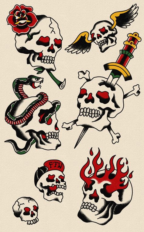 Flash Tattoos American Traditional, Tradition Skull Tattoo, Skull Traditional Tattoo Design, Classic Skull Tattoo, Traditional Rose And Skull Tattoo, American Traditional Skulls, Skull Tattoos Traditional, Traditional Skull Tattoo Old School, Traditional Skull Flash