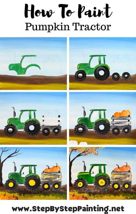 Pumpkin Tractor - Members Exclusive Painting Tutorial Fall Truck Paintings On Canvas, Tractor Acrylic Painting, How To Paint A Tractor, Tractor Art Painting, Fall Beginner Painting, Tractor Painting Canvas Easy, Farm Canvas Painting Easy, Easy Tractor Drawing, Tractor Painting Easy