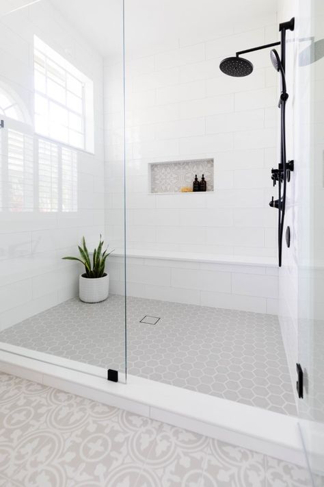 Bathroom With Chevron Tile, Renovated Master Bathrooms, Best Bathroom Ideas Master Bath, Master Shower With No Door, White Stand Up Shower Ideas, Modern Farmhouse Master Shower Ideas, Long Subway Tile Shower White, Master Shower Inspiration, Master Bath Shower Tile Combinations