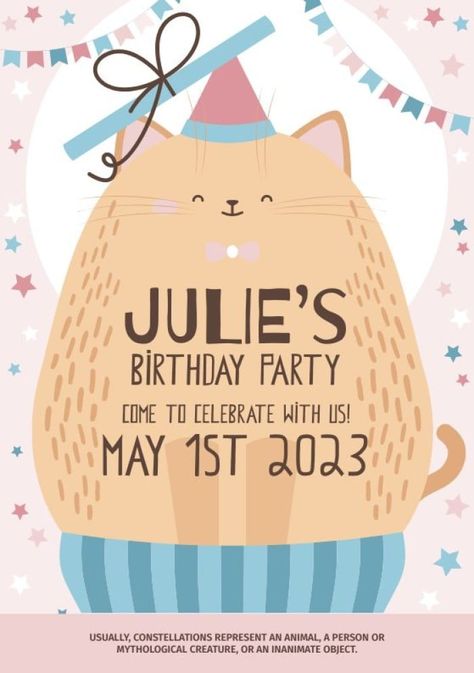 Cute Pastel Cat Birthday Party Invitation Cat Birthday Theme, Cat Birthday Party Invitations, Cat Birthday Invitations, Pastel Cat, Cat Themed Parties, Cafe Posters, Invitation Frames, Cat Birthday Party, Party Invite Design