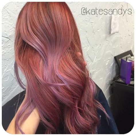 Rosy red to smoky lavender color melt Ginger And Lavender Hair, Lavender Red Hair, Red Lavender Hair, Auburn Hair With Lavender Highlights, Copper And Lavender Hair, Purple Based Red Hair, Red Ish Purple Hair, Lavender Hair Ombre, Color Melting Hair