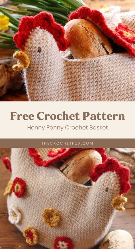 Handmade Gift Basket Ideas, Crochet Chicken Bag Pattern Free, Crochet Vegetable Basket, Crochet Chicken Hot Pad, House Crochet Ideas, Free Crochet Patterns Basket, Crochet Farmhouse Decor, Crochet House Warming Gift, Crochet Bread Bag