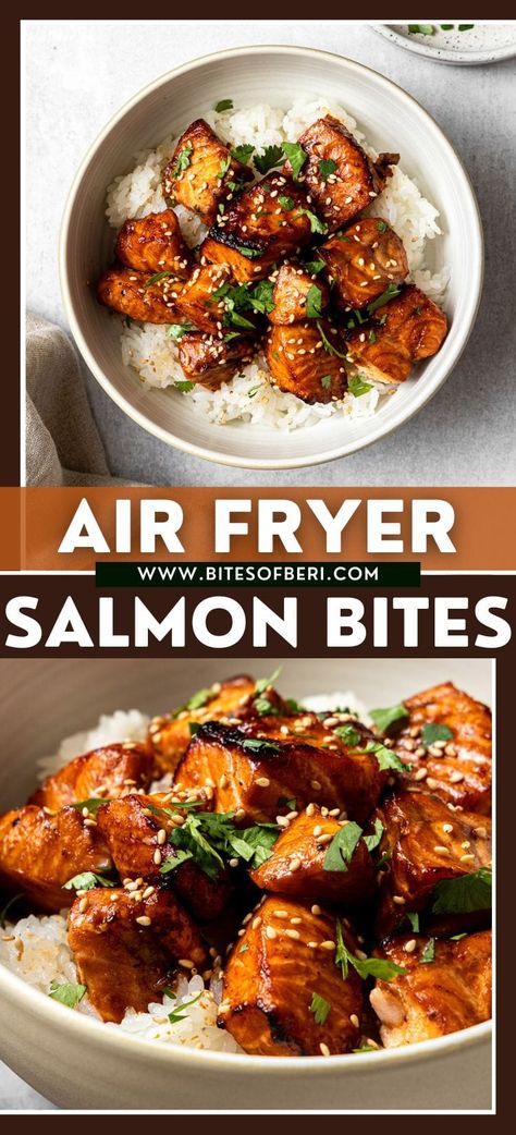 This air fryer salmon bites recipe is a favorite for preparing tender and delicious salmon in a fuss-free way! The salmon bites are coated in a flavorful sriracha soy sauce that requires only a few simple ingredients. Serve the salmon bites over white rice and alongside other side dishes of your choice for a quick and tasty meal! Healthy Salmon Dinner, Salmon Bites Recipe, Seared Salmon Recipes, Air Fryer Salmon, Salmon Bites, Healthy Salmon Recipes, Healthy Lunch Meal Prep, Healthy Salmon, Teriyaki Salmon