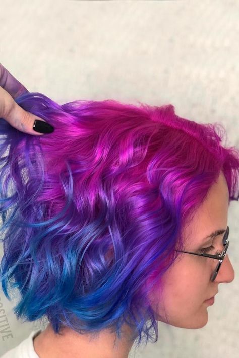 Best Purple And Blue Hair Looks ★ Galaxy Short Hair, Blue And Purple Tips Hair, Pink Blue Hair Ombre, Blue And Burgundy Hair, Vibrant Hair Dye Ideas, Purple And Blue Hair Short, Pink And Purple Pixie Hair, Pink And Blue Short Hair, Blue Multicolor Hair