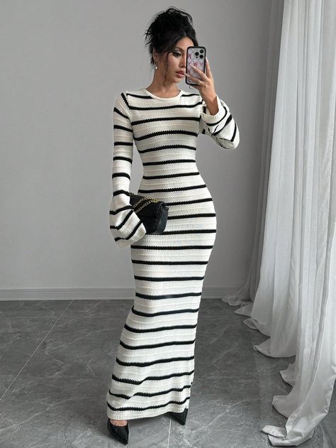 SHEIN Raffinéa Striped Backless Tie-Up Flare Sleeve Maxi Sweater Dress For WomenI discovered amazing products on SHEIN.com, come check them out! Maxi Sweater Dress, Maxi Sweater, Sweater Maxi Dress, Long Sweater Dress, Elegant Dresses Long, Sweater Dress Women, Crop Top Sweater, Women Maxi, Cute Sweaters